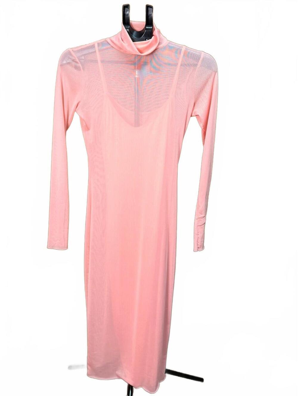 FORE Pink Sheer Mesh Maxi Dress Medium Long Sleeve Turtleneck Y2K Layering